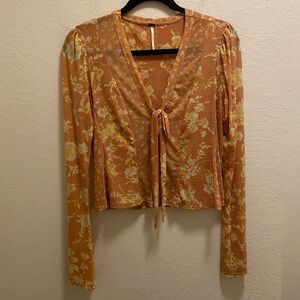 Free People Mesh Floral Button Front V-Neck Bell Sleeve Blouse Size S